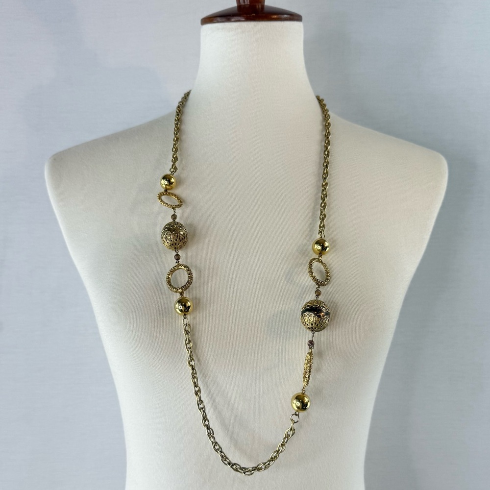 Vintage Gold Tone Long Circle and Baubles Chain Necklace